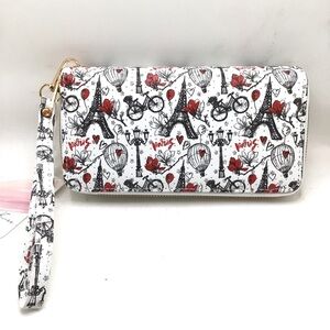 Blush Kiss Glitter Paris Eiffel Tower Floral Air Balloon Print Wristlet Wallet
